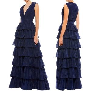 Mac Duggal‎ 49287 Size 4 Sparkly Dark Blue Chiffon Tiered Ruffle Gown Maxi Dress